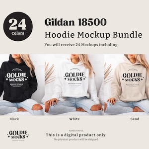 Puede incluir: Un paquete de maquetas de 24 sudaderas con capucha Gildan 18500 en varios colores. La imagen muestra tres sudaderas con capucha en negro, blanco y arena. Cada sudadera con capucha tiene el texto "GOLDIE +MOCKS+ MOCKUP STUDIO" impreso en la parte delantera.