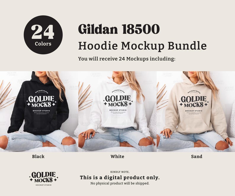 Puede incluir: Un paquete de maquetas de 24 sudaderas con capucha Gildan 18500 en varios colores. La imagen muestra tres sudaderas con capucha en negro, blanco y arena. Cada sudadera con capucha tiene el texto "GOLDIE +MOCKS+ MOCKUP STUDIO" impreso en la parte delantera.