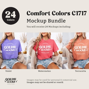 K&ouml;nnte beinhalten: Ein Mockup-Paket mit 24 T-Shirt-Designs in verschiedenen Farben, darunter Violett, Wassermelone und Terrakotta. Die T-Shirts zeigen den Text "Goldie + Mocks" in einer Retro-Schrift.
