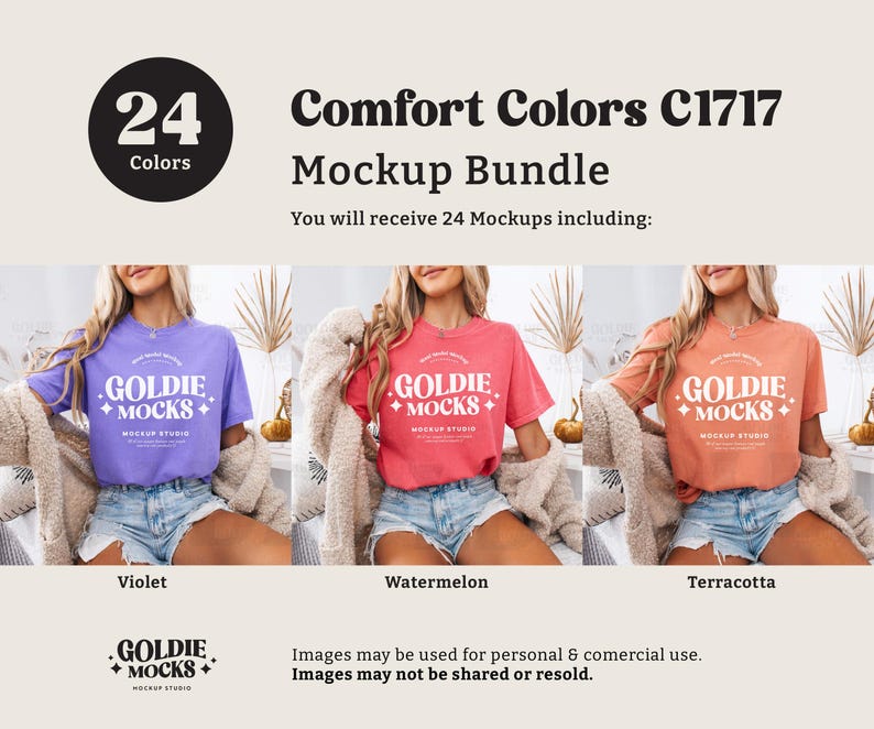 K&ouml;nnte beinhalten: Ein Mockup-Paket mit 24 T-Shirt-Designs in verschiedenen Farben, darunter Violett, Wassermelone und Terrakotta. Die T-Shirts zeigen den Text "Goldie + Mocks" in einer Retro-Schrift.