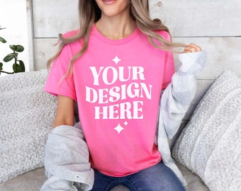 Bella Canvas 3001 Charity Pink Tshirt Mockup | 3001 Pink T-shirt Mockup | Real Model Mock | Simple Neutral Cozy Aesthetic Pink Shirt Mock-up