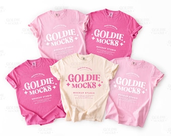 Comfort Colors C1717 Group Shirt Mockup | CC 1717 Ivory Crunchberry Blossom Tshirt Mock-up | Trendy Bridal Bachelorette Pink Group Flatlay