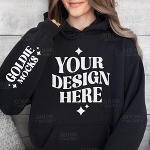 Gildan 18500 Black Hoodie Sleeve Mockup | G185 Black Hooded Sweatshirt Mockup | Model | Gildan 18500 Black Sleeve | Simple Sleeve Mockup