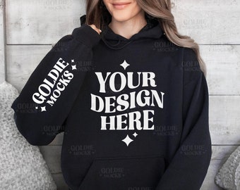 Gildan 18500 Black Hoodie Sleeve Mockup | G185 Black Hooded Sweatshirt Mockup | Model | Gildan 18500 Black Sleeve | Simple Sleeve Mockup