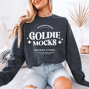 Gildan 18000 Dark Heather Sweatshirt Mockup | G180 Grey Crewneck Sweatshirt Mockup | Real Model Mock | Trendy Casual Neutral Boho Aesthetic