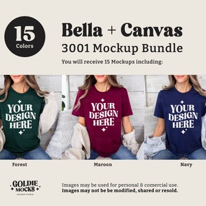 May include: Mockup bundle of 15 Bella + Canvas 3001 t-shirts in three colors: forest green, maroon, and navy blue. Each shirt features the text "Your Design Here" in white.