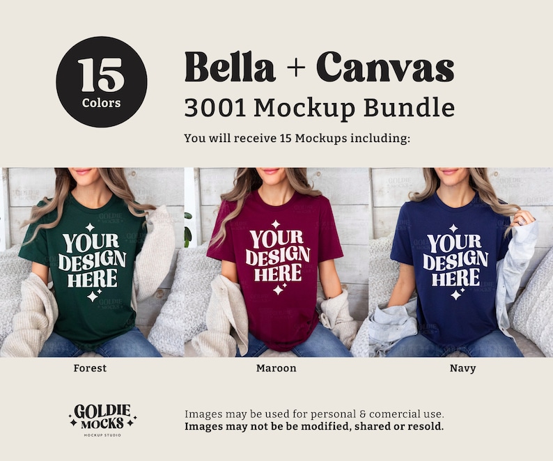 May include: Mockup bundle of 15 Bella + Canvas 3001 t-shirts in three colors: forest green, maroon, and navy blue. Each shirt features the text "Your Design Here" in white.