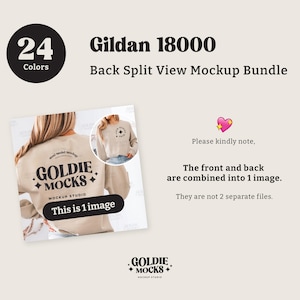 May include: A mockup image of a beige Gildan 18000 sweatshirt with the text "GOLDIE MOCKS MOCKUP STUDIO" printed on the back. The image shows the front and back of the sweatshirt combined into one image.