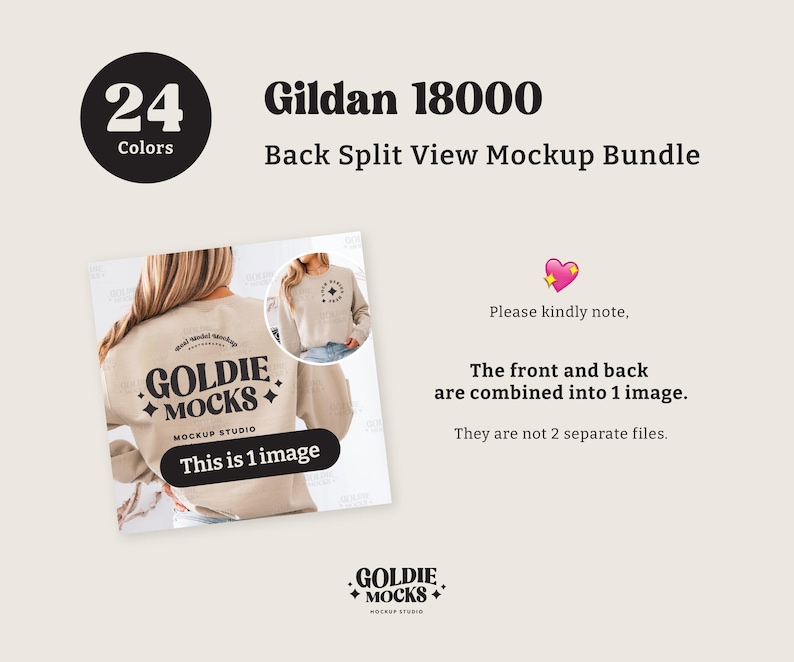 May include: A mockup image of a beige Gildan 18000 sweatshirt with the text "GOLDIE MOCKS MOCKUP STUDIO" printed on the back. The image shows the front and back of the sweatshirt combined into one image.