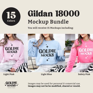 May include: Mockup bundle of 15 Gildan 18000 sweatshirts in various colours. The sweatshirts are shown on models wearing them. The colours shown are light pink, light blue, and safety pink. The text "Goldie Mocks" is printed on the front of each sweatshirt.