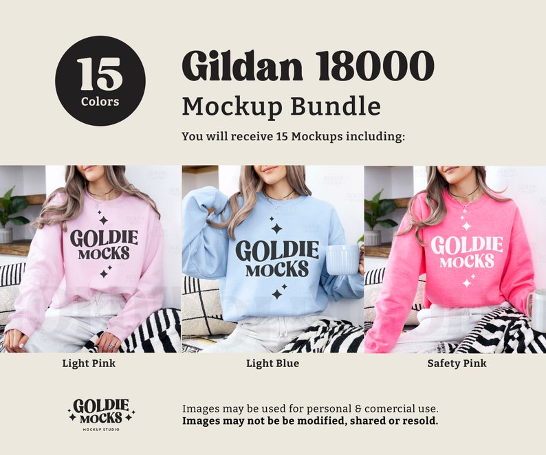 May include: Mockup bundle of 15 Gildan 18000 sweatshirts in various colours. The sweatshirts are shown on models wearing them. The colours shown are light pink, light blue, and safety pink. The text "Goldie Mocks" is printed on the front of each sweatshirt.