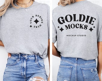 Gildan 64000 Sport Grey Tshirt Front & Back Mockup | G640 Sport Grey T-shirt Front Back Mock-up | Real Model Mock | Split View Minimal Shirt