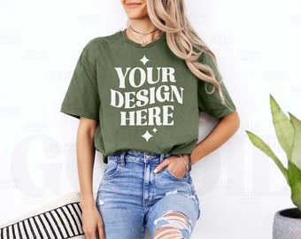 Gildan 64000 Military Green Tshirt Mockup | G640 Military Green T-shirt Mock-up | Real Model Mock Gildan 640 Simple Minimal Aesthetic Shirt