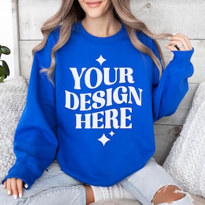 Gildan 18000 Royal Sweatshirt Mockup | G180 Royal Blue Crewneck Mockup | Model Mock | Gildan 18000 Blue Sweater | Casual Simple Neutral Mock