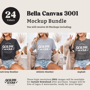 May include: A mockup bundle of 24 Bella Canvas 3001 t-shirts in various colors. The t-shirts are shown on models wearing them in different poses. The text "GOLDIE + MOCKS" is printed on the front of the shirts.