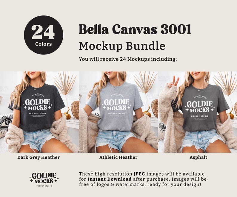 May include: A mockup bundle of 24 Bella Canvas 3001 t-shirts in various colors. The t-shirts are shown on models wearing them in different poses. The text "GOLDIE + MOCKS" is printed on the front of the shirts.
