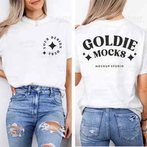 Comfort Colors C1717 White Shirt Front & Back Mockup | 1717 White Tshirt Front Back Split Mock-up | Trendy Minimal Aesthetic Real Model Mock