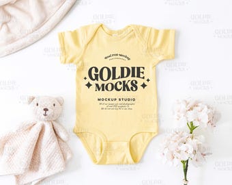 Rabbit Skins 4400 Banana Baby Bodysuit Mockup | 4400 Yellow Baby Body Suit Flatlay Mock-up | Real Product Mock | Cozy Neutral Boho Aesthetic