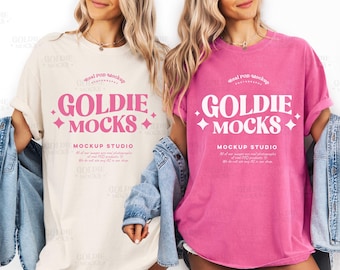 Comfort Colors C1717 Ivory & Crunchberry Group Shirt Mockup | Ivoorroze T-shirtmodel 1717 | Echt model | Dubbele mock bruids vrijgezellenfeest