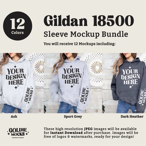 May include: A mockup bundle of 12 Gildan 18500 hoodies in various colors, including ash, sport grey, and dark heather. The hoodies feature a blank front panel for customization with designs. The text "YOUR DESIGN HERE" is displayed on the front of each hoodie.