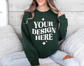 Gildan 18000 Forest Green Sweatshirt Mockup | G180 Green Crewneck Mockup | Model | Gildan 18000 Green Sweater | Simple Minimal Aesthetic