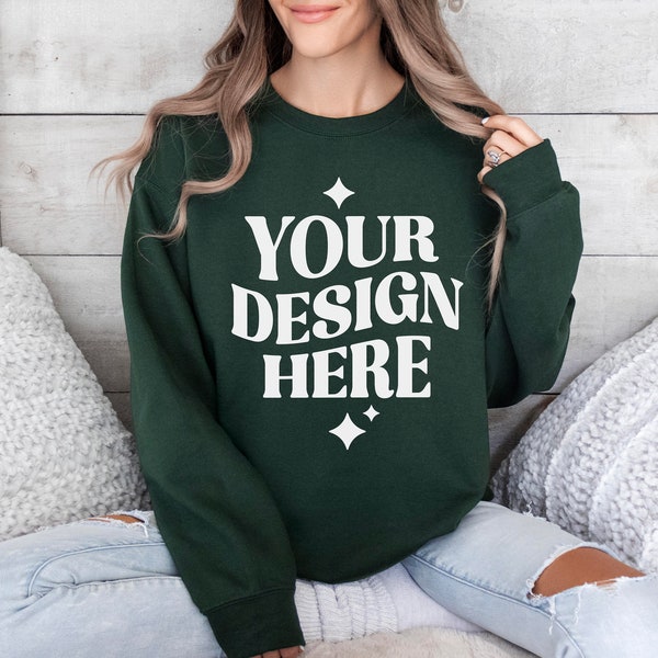 Gildan 18000 Forest Green Sweatshirt Mockup | G180 Green Crewneck Mockup | Model | Gildan 18000 Green Sweater | Simple Minimal Aesthetic