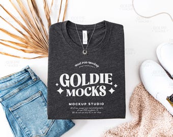 Bella Canvas 3001 Dark Grey Heather Shirt Flat Lay Mockup | BC 3001 Grey Folded Tshirt Mock-up | Real Product Mock | Boho Flatlay Aesthetic