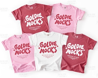 Comfort Colors C9018 Tshirt Group Mockup | Christmas 9018 White Crimson Blossom Youth T-Shirt Mockup | Trendy Festive Multiple Kids Mock