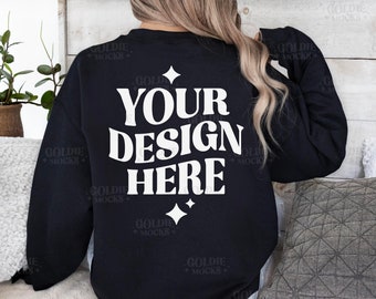 Gildan 18000 Black Sweatshirt Back Mockup | G180 Black Crewneck Back Mockup | Model Mock | Back View of Gildan 18000 Sweater | Back Mock-up