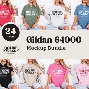 May include: A mockup bundle featuring Gildan 64000 t-shirts in various colors. The image displays multiple t-shirts in different hues, including red, green, white, and blue. The text "GOLDIE MOCKS" is printed on the shirts. The image also includes the text "24 Colors" and "Mockup Bundle."