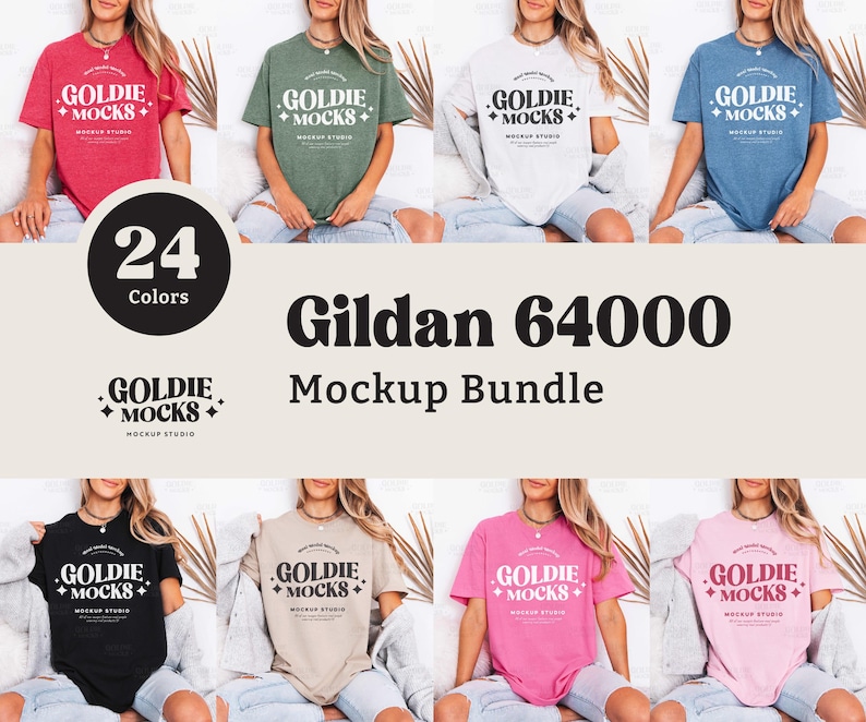 May include: A mockup bundle featuring Gildan 64000 t-shirts in various colors. The image displays multiple t-shirts in different hues, including red, green, white, and blue. The text "GOLDIE MOCKS" is printed on the shirts. The image also includes the text "24 Colors" and "Mockup Bundle."