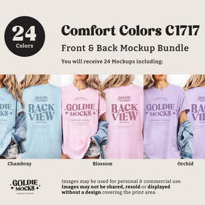 May include: A mockup bundle featuring Comfort Colors C1717 t-shirts in various colors, including Chambray, Blossom, and Orchid. The image displays front and back views of the shirts, with the text "GOLDIE MOCKS" and "BACK VIEW" visible on the shirts.