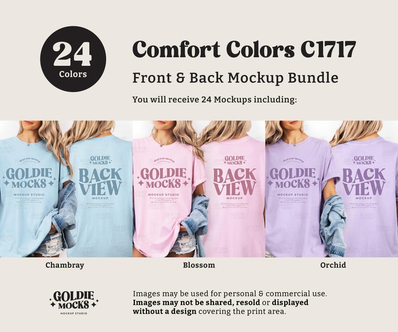 May include: A mockup bundle featuring Comfort Colors C1717 t-shirts in various colors, including Chambray, Blossom, and Orchid. The image displays front and back views of the shirts, with the text "GOLDIE MOCKS" and "BACK VIEW" visible on the shirts.