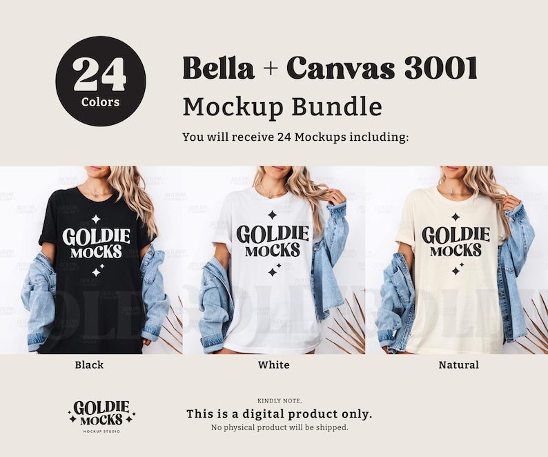 Puede incluir: Paquete de maquetas de 24 camisetas Bella + Canvas 3001 en negro, blanco y natural. Las camisetas presentan el texto "Goldie Mocks" impreso en la parte delantera.