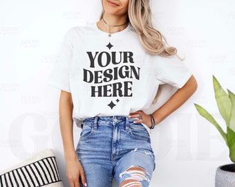 Gildan 64000 White Tshirt Mockup | G640 White T-shirt Mock-up | Real Model Mock | Gildan 640 Simple Casual Minimal Trendy Aesthetic Shirt