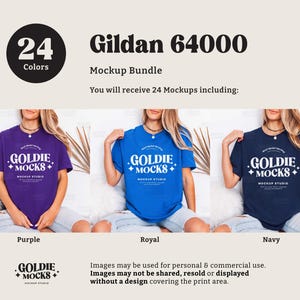 May include: A mockup bundle featuring Gildan 64000 t-shirts in purple, royal blue, and navy. Each shirt displays the "GOLDIE MOCKS" logo. The image includes text indicating 24 colors are available in the bundle.