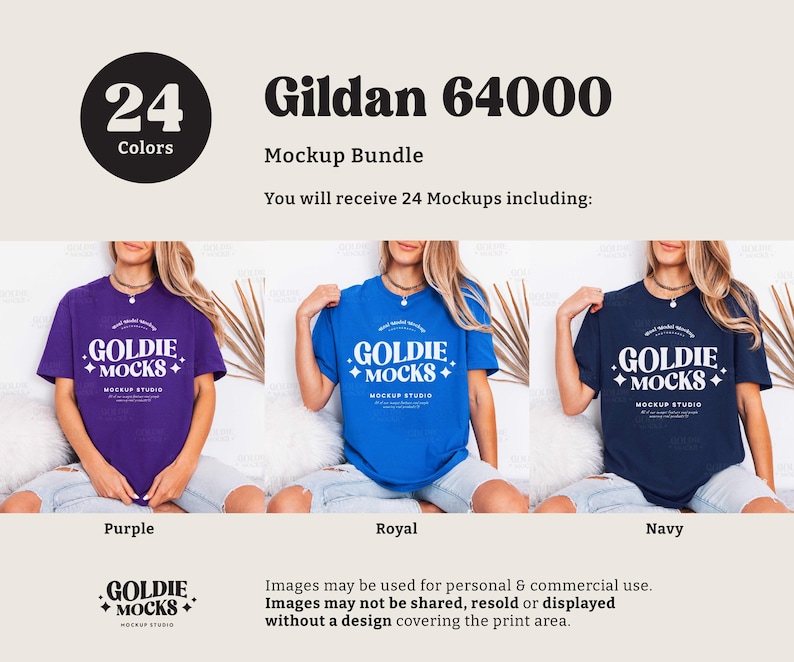 May include: A mockup bundle featuring Gildan 64000 t-shirts in purple, royal blue, and navy. Each shirt displays the "GOLDIE MOCKS" logo. The image includes text indicating 24 colors are available in the bundle.
