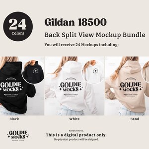 May include: A mockup bundle showcasing Gildan 18500 hoodies in black, white, and sand colors. The hoodies feature the "GOLDIE MOCKS" logo on the back. The image includes text indicating 24 color options and that it is a digital product.