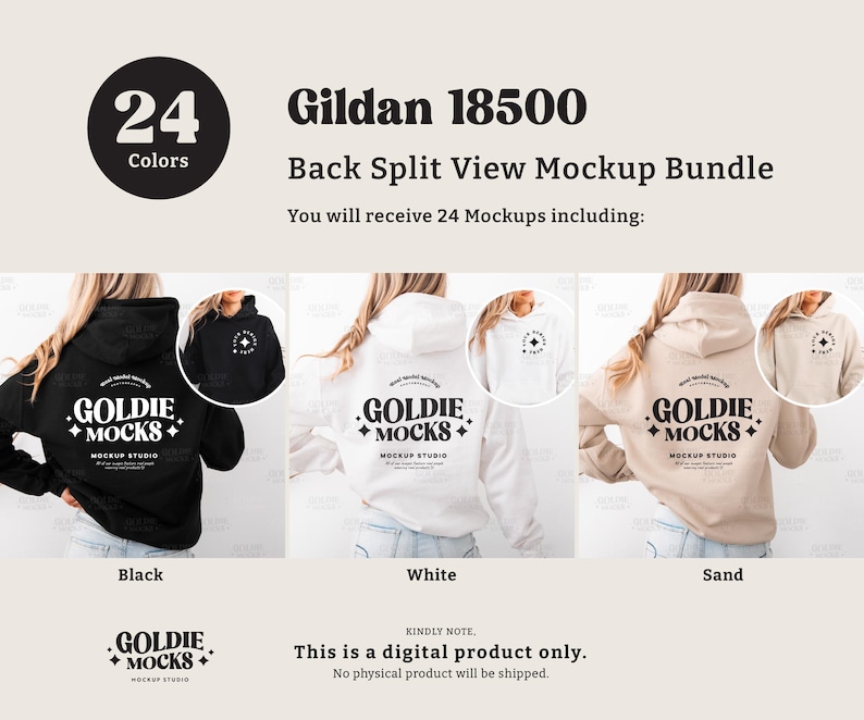 May include: A mockup bundle showcasing Gildan 18500 hoodies in black, white, and sand colors. The hoodies feature the "GOLDIE MOCKS" logo on the back. The image includes text indicating 24 color options and that it is a digital product.