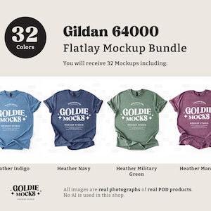 Op de afbeelding: Een flatlay mockup-bundel met 32 Gildan 64000 T-shirts in verschillende melangekleuren, waaronder indigo, marine, legergroen en maroon. Elk T-shirt heeft een witte grafische afbeelding met de tekst "GOLDIE MOCKS" en een klein sterretjesontwerp.