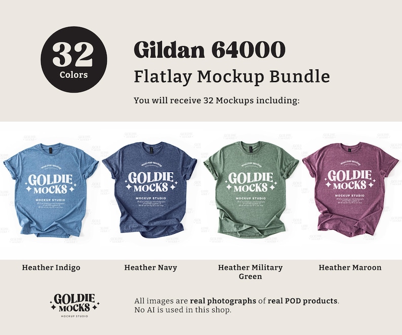 Op de afbeelding: Een flatlay mockup-bundel met 32 Gildan 64000 T-shirts in verschillende melangekleuren, waaronder indigo, marine, legergroen en maroon. Elk T-shirt heeft een witte grafische afbeelding met de tekst "GOLDIE MOCKS" en een klein sterretjesontwerp.