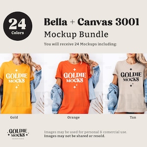Puede incluir: Un paquete de maquetas de 24 camisetas Bella + Canvas 3001 en tres colores: dorado, naranja y marr&oacute;n. El texto "GOLDIE MOCKS" est&aacute; impreso en cada camiseta.