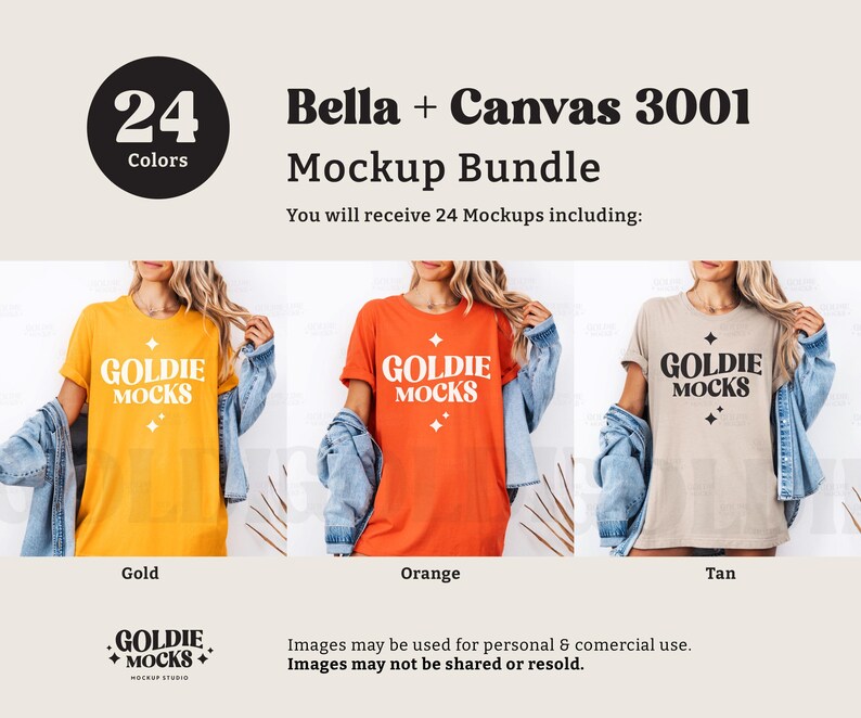 Puede incluir: Un paquete de maquetas de 24 camisetas Bella + Canvas 3001 en tres colores: dorado, naranja y marr&oacute;n. El texto "GOLDIE MOCKS" est&aacute; impreso en cada camiseta.