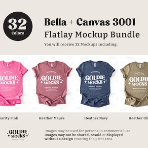 May include: A flatlay mockup bundle of 32 t-shirt mockups in various colors, including charity pink, heather mauve, heather navy, and heather olive. The mockups feature a design with the text "GOLDIE + MOCKS" in white.