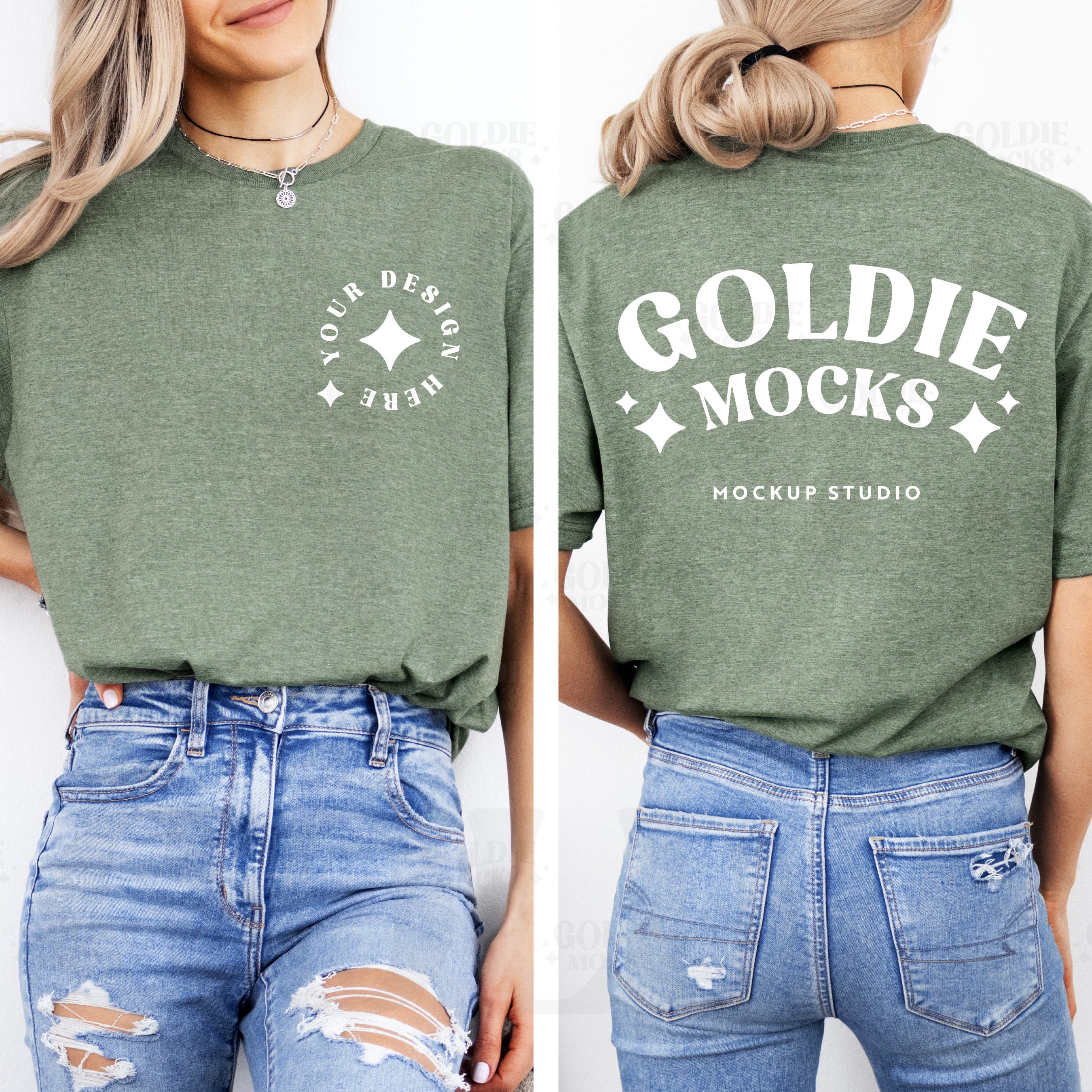Gildan 64000 Heather Military Green Tshirt Front & Back Mockup