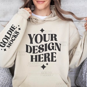 Gildan 18500 Sand Hoodie Sleeve Mockup | G185 Sand Beige Hooded Sweatshirt Model Mock | Gildan 18500 Beige Sleeve | Simple Sleeve Mock
