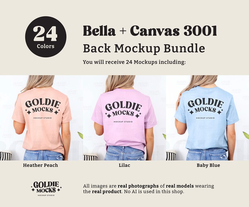 Bella Canvas 3001 Tshirt Back Mockup Bundle | BC 3001 Shirt Back View Mock-up Bundle | Real Model Mock | Minimal Back of T-Shirt Mockups image 8