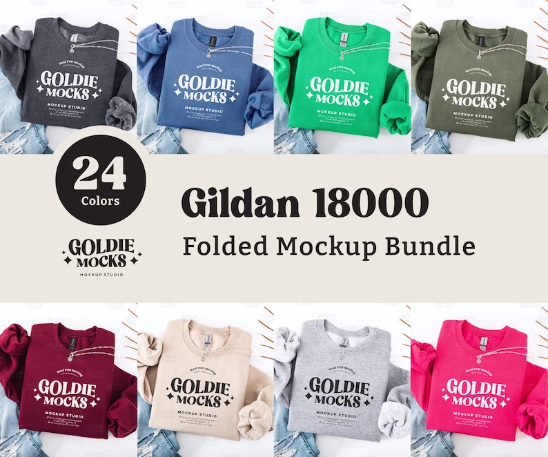 May include: A mockup bundle of 24 folded Gildan 18000 sweatshirts in various colors, including red, blue, green, grey, and pink. The sweatshirts feature the text "GOLDIE +MOCKS+ MOCKUP STUDIO" printed on the front.