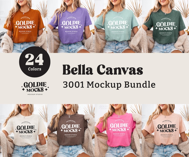 May include: A mockup bundle of 24 Bella Canvas 3001 t-shirts in various colors. The t-shirts feature a logo with the text "Goldie + Mocks + Mockup Studio".