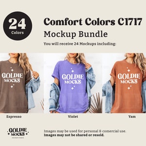May include: Mockup bundle of 24 t-shirt designs featuring the text "Goldie Mocks" in a retro font. The shirts are shown in three colors: espresso, violet, and yam.